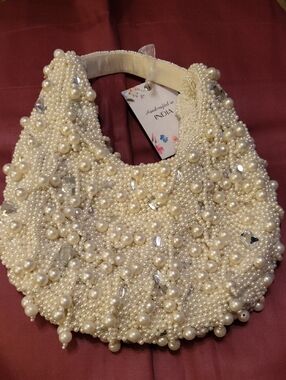 Handcrafted In India Pearl Gem Embellished Cream Evening Bag